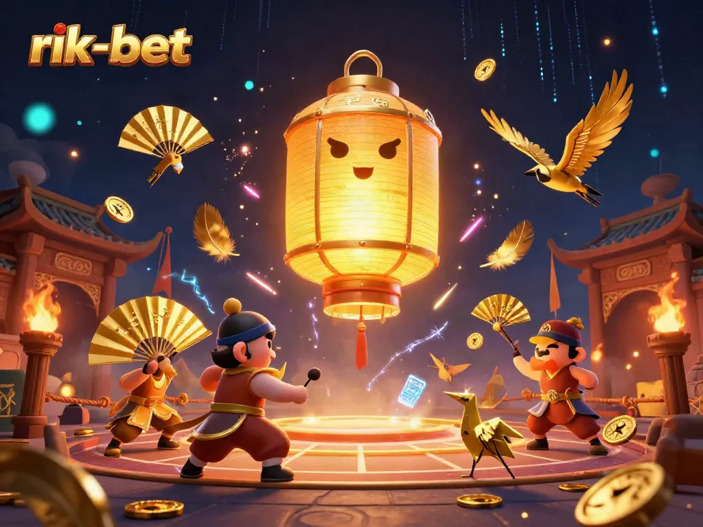 Engage with the vibrant rik-bet casino scene featuring a glowing lantern spirit and golden warriors.