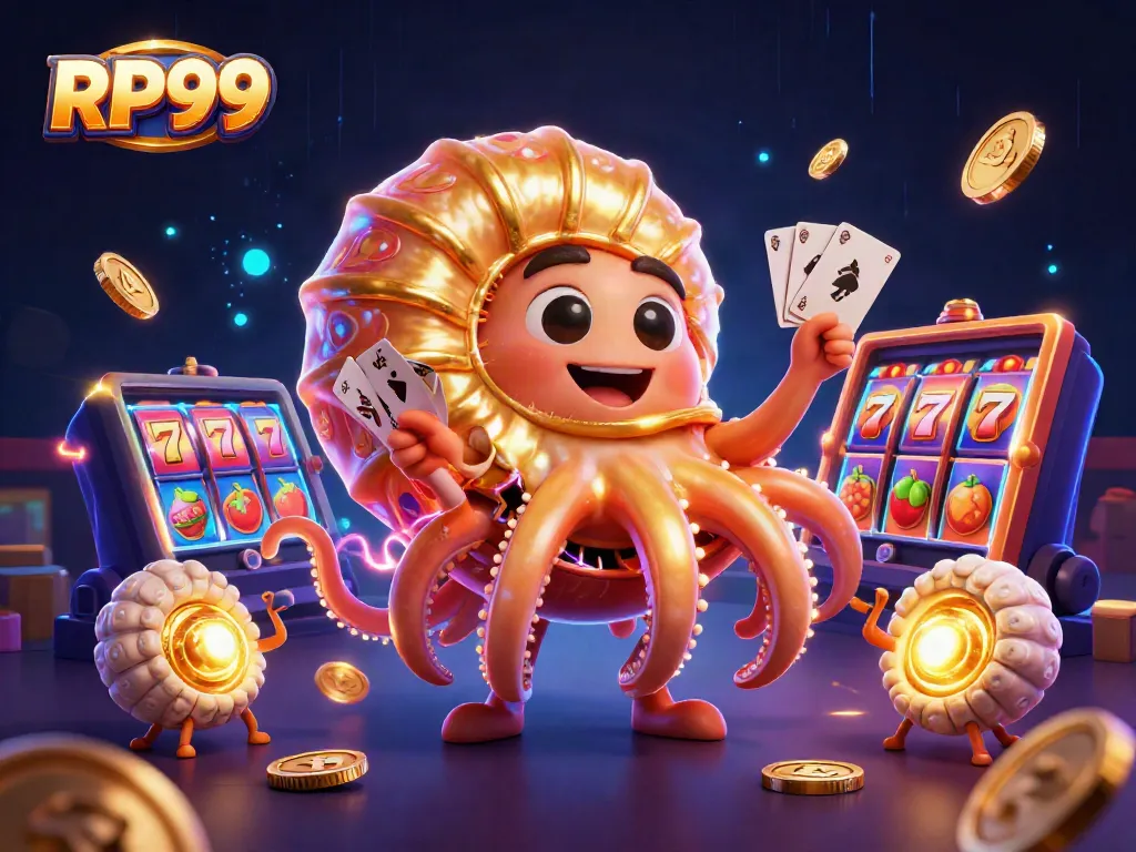 Engage in thrilling gameplay with RP99's vibrant 3D illustration featuring slots, cards, and a giant nautilus.