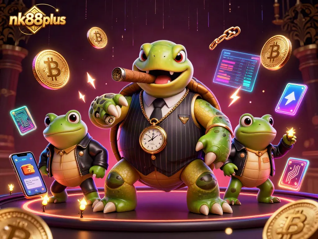 Experience winning strategies for nk88plus casino with a dynamic 3D illustration featuring a turtle mobster.