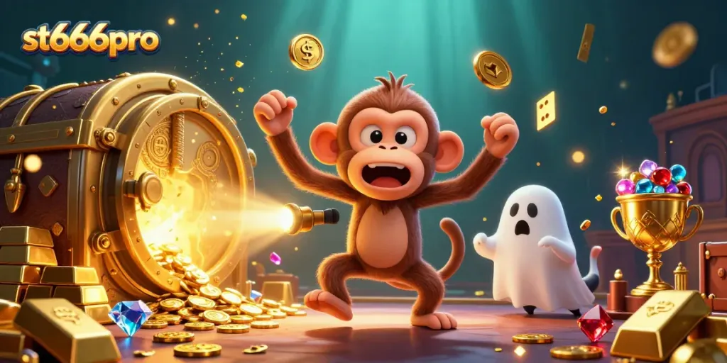Engage with st666pro's dynamic casino adventure featuring a mischievous monkey and ghost-hunter puppy.