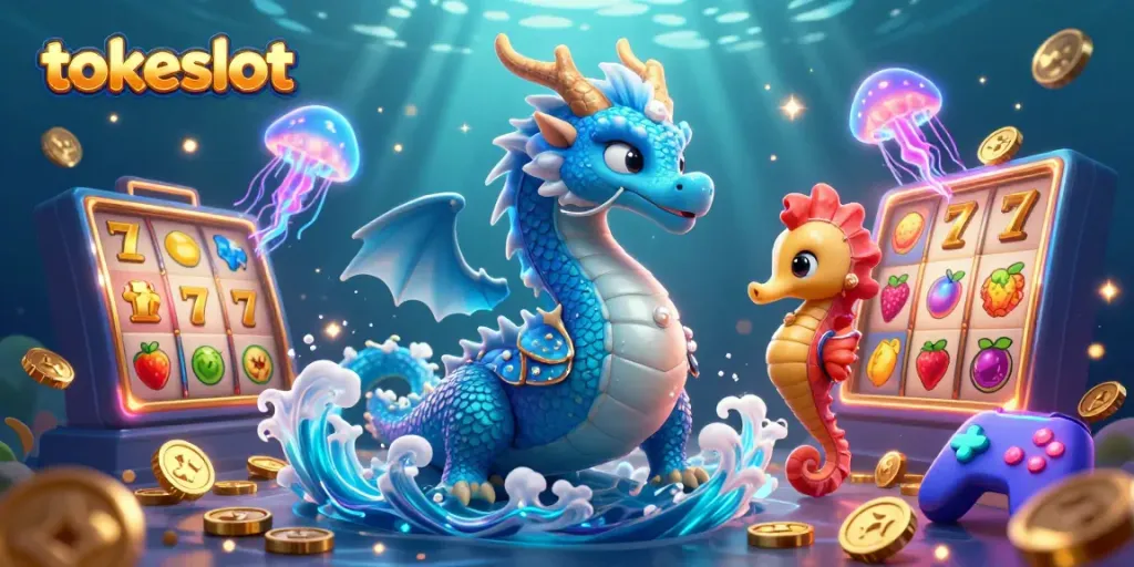 Experience the thrill of tokeslot with a vibrant casino scene featuring a water dragon and seahorse knights.