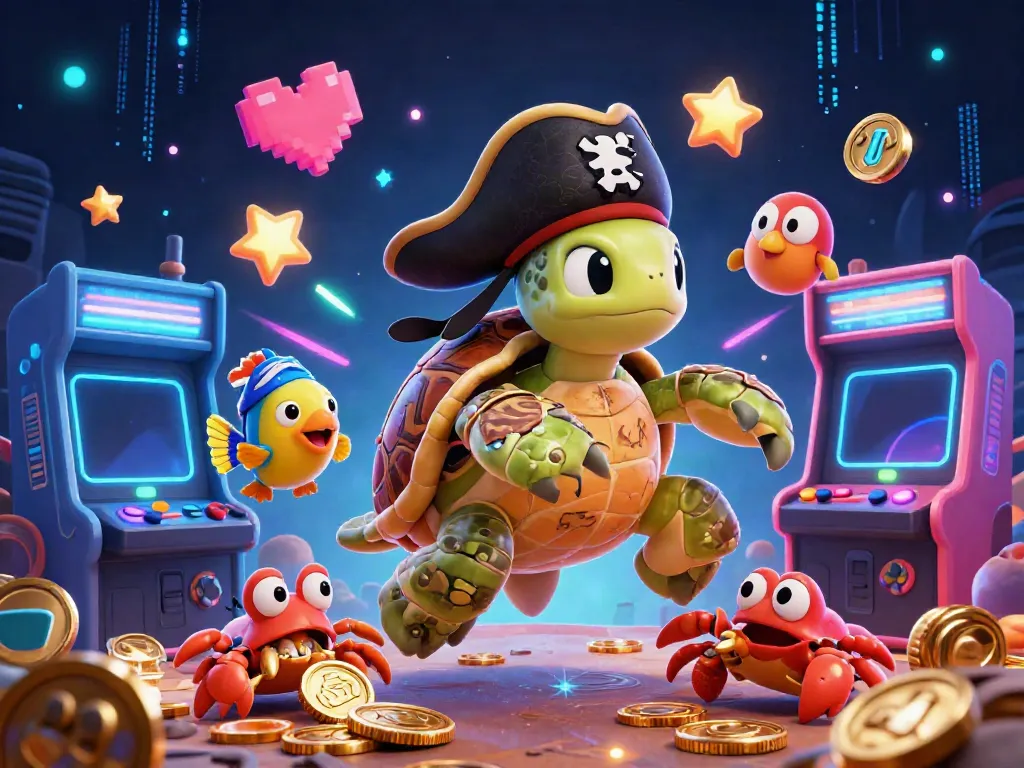 Play exciting casino games with 32win in this vibrant illustration featuring a pirate turtle and treasure.