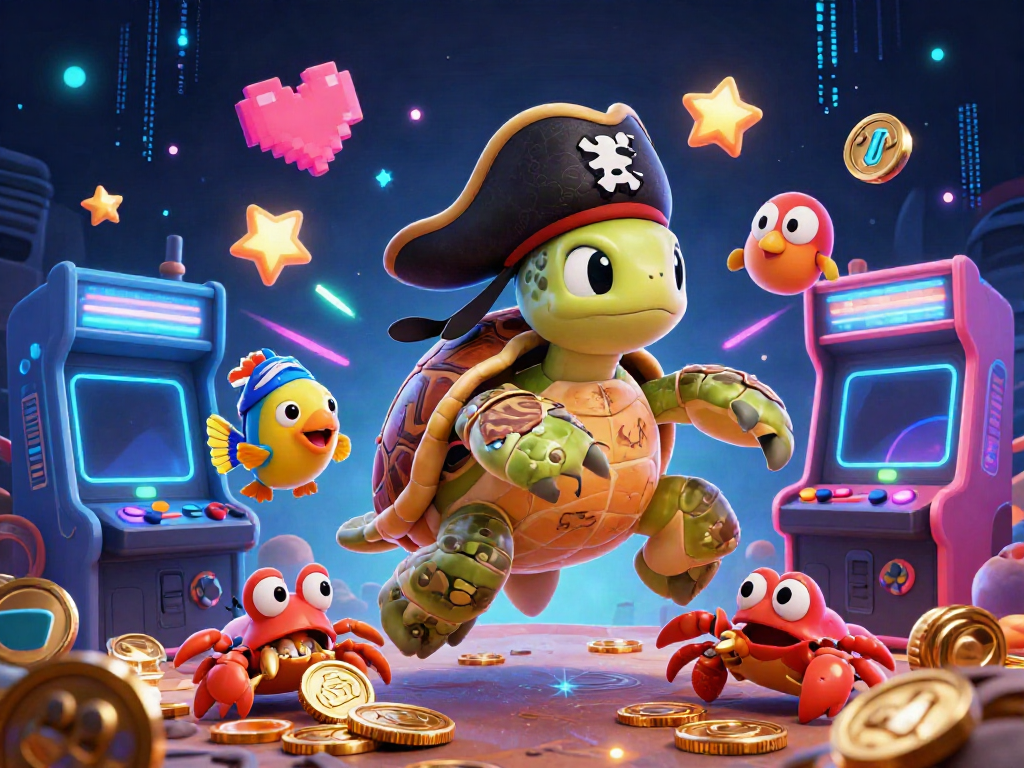 Play exciting casino games with 32win in this vibrant illustration featuring a pirate turtle and treasure.