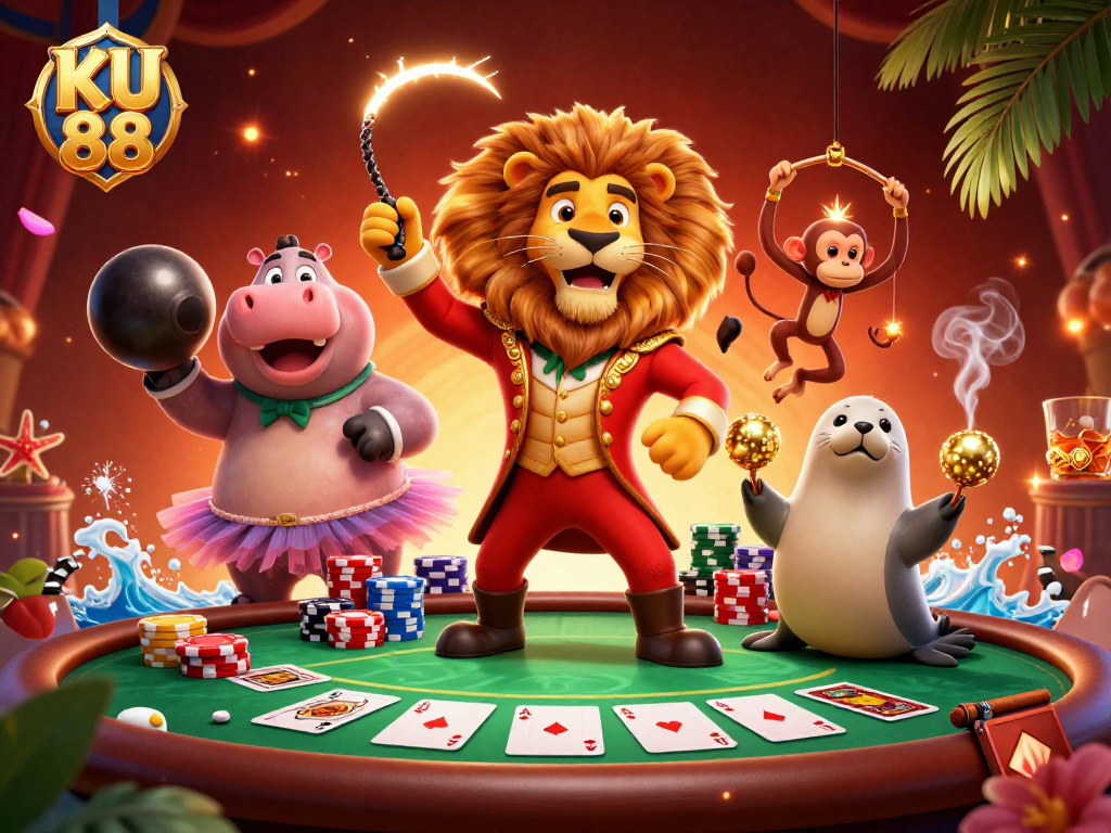 Engage with KU 88's vibrant gaming scene featuring a colorful 3D circus-themed casino.
