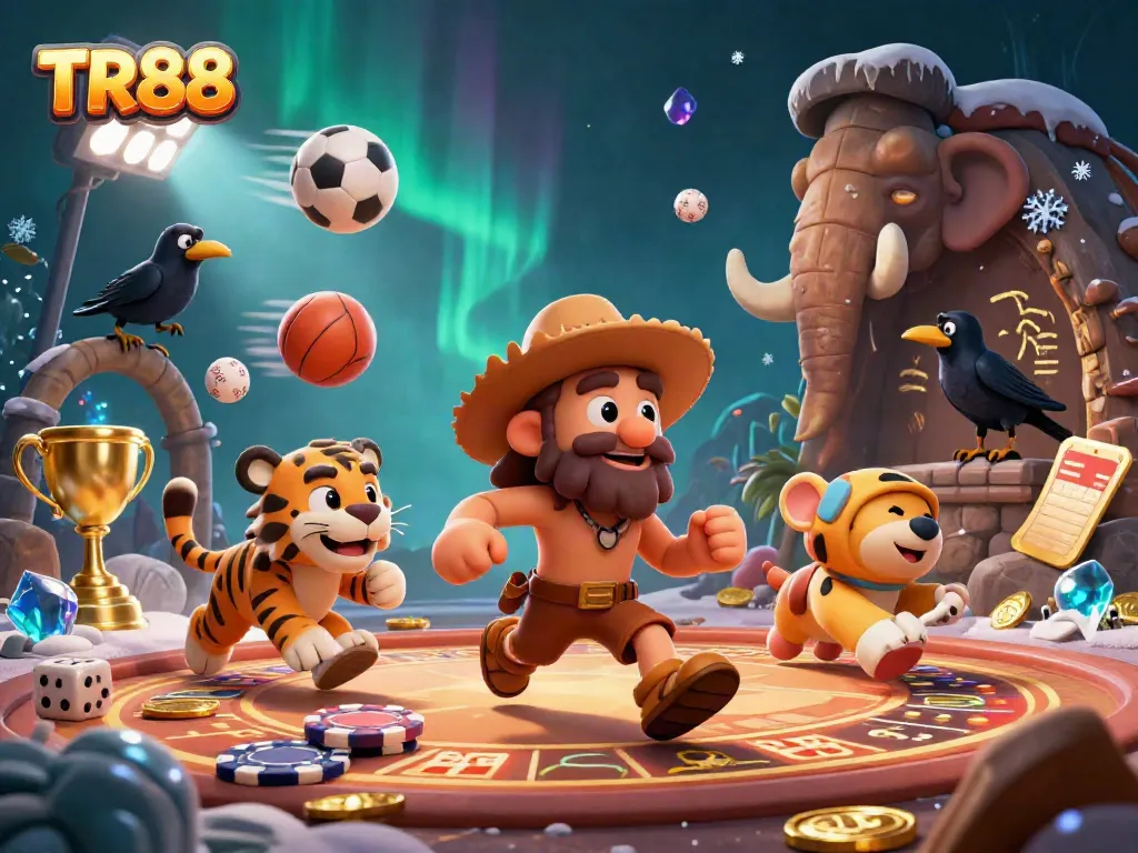 Experience thrilling moments at TR88 casino with a cartoon caveman, sabertooth tiger, and clever crow in dynamic action.