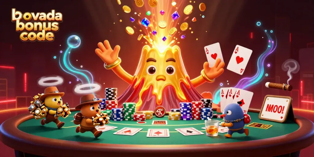 Engage with the Bovada bonus code in an explosive casino scene bursting with treasures and gaming elements.
