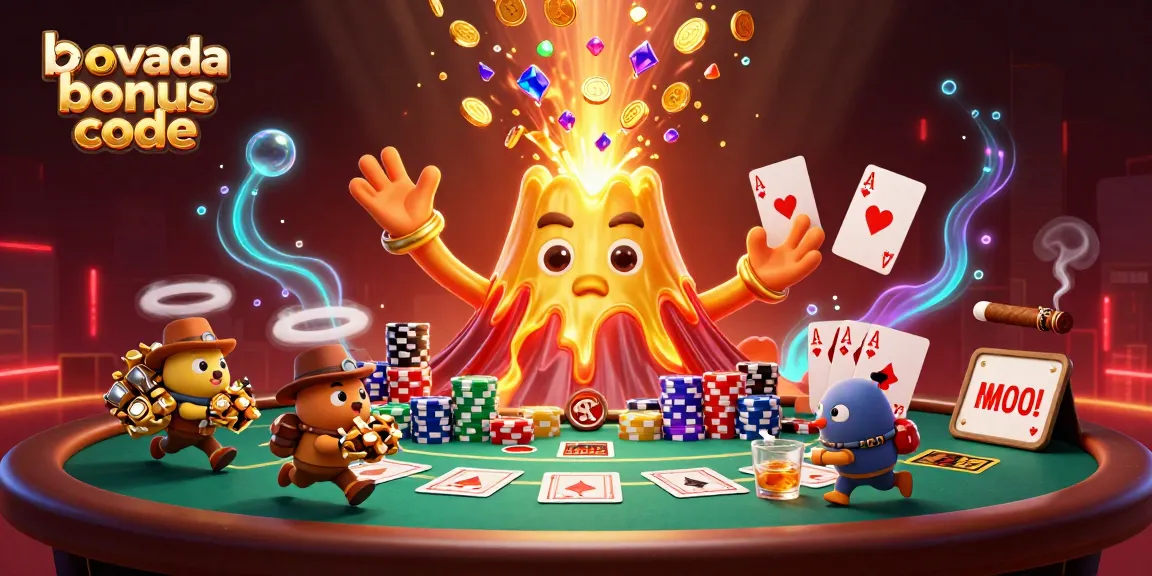 Engage with the Bovada bonus code in an explosive casino scene bursting with treasures and gaming elements.
