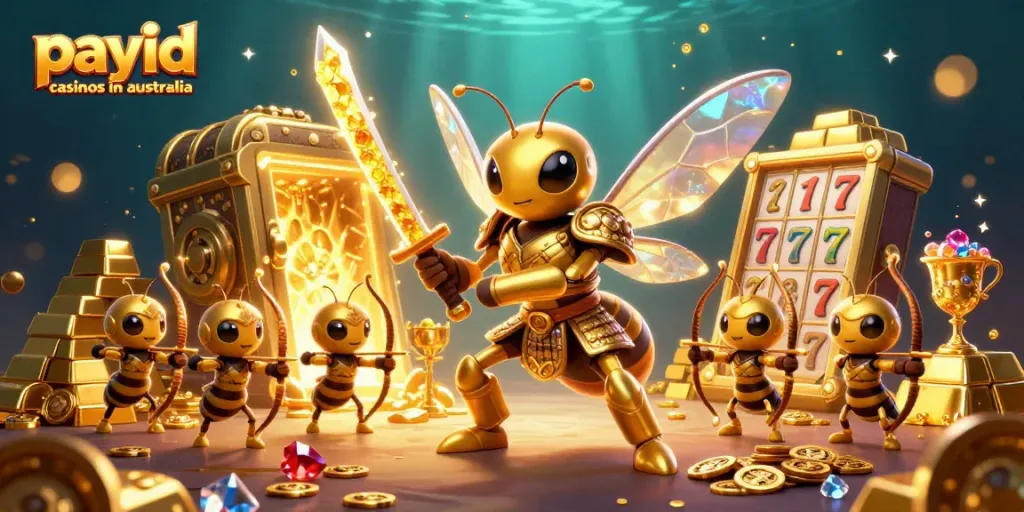 Engage in thrilling gameplay at payid casinos in australia with a stunning illustration of a golden hornet and bee archers.