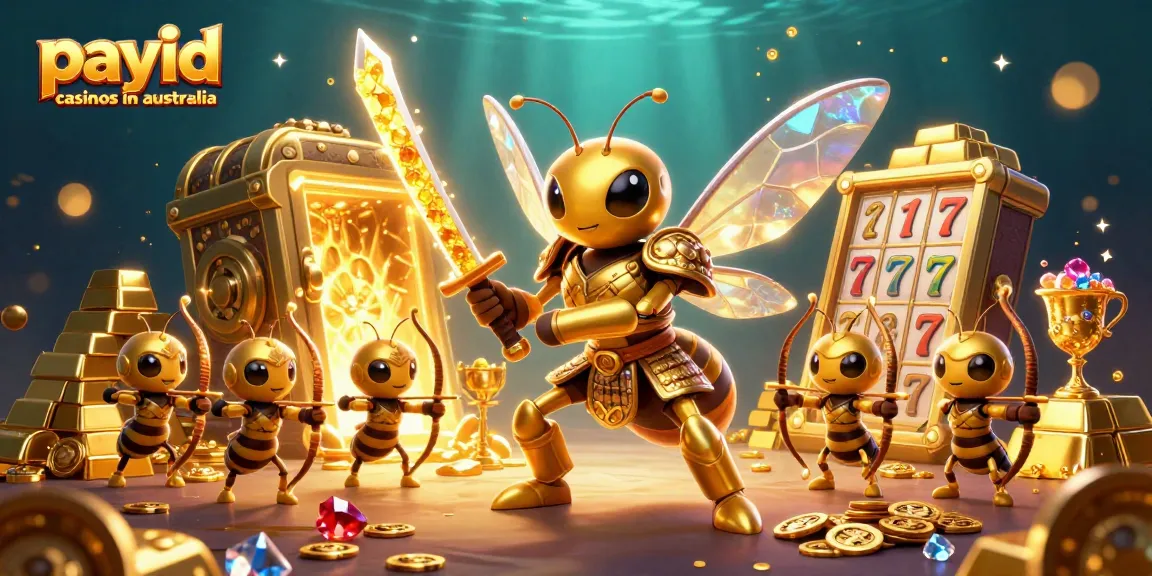 Engage in thrilling gameplay at payid casinos in australia with a stunning illustration of a golden hornet and bee archers.