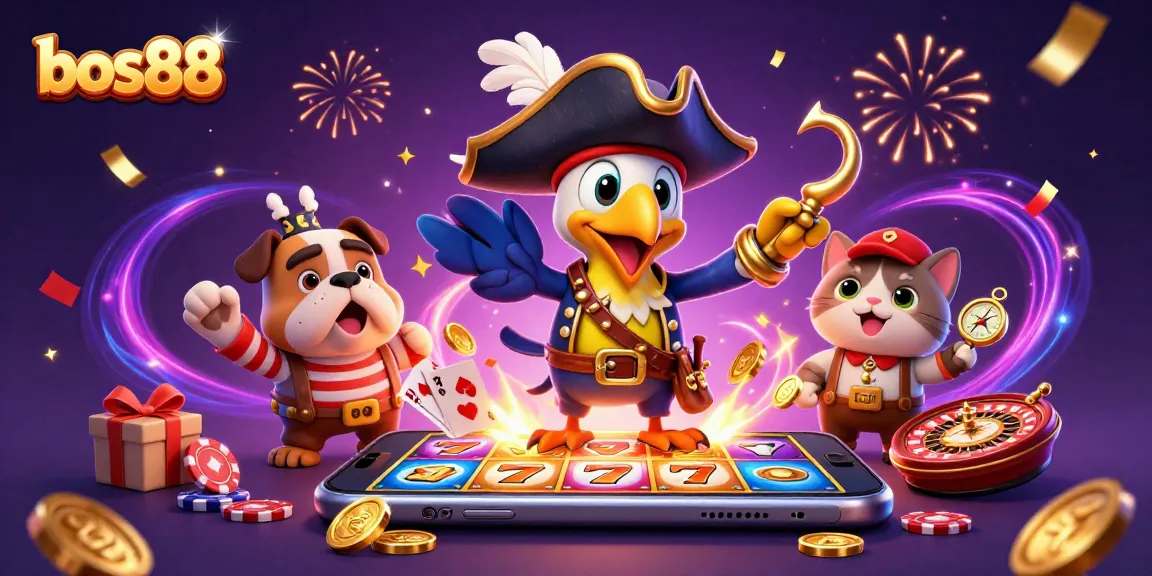 Spin slot wins at bos88 with a colorful pirate-themed 3D gaming illustration.