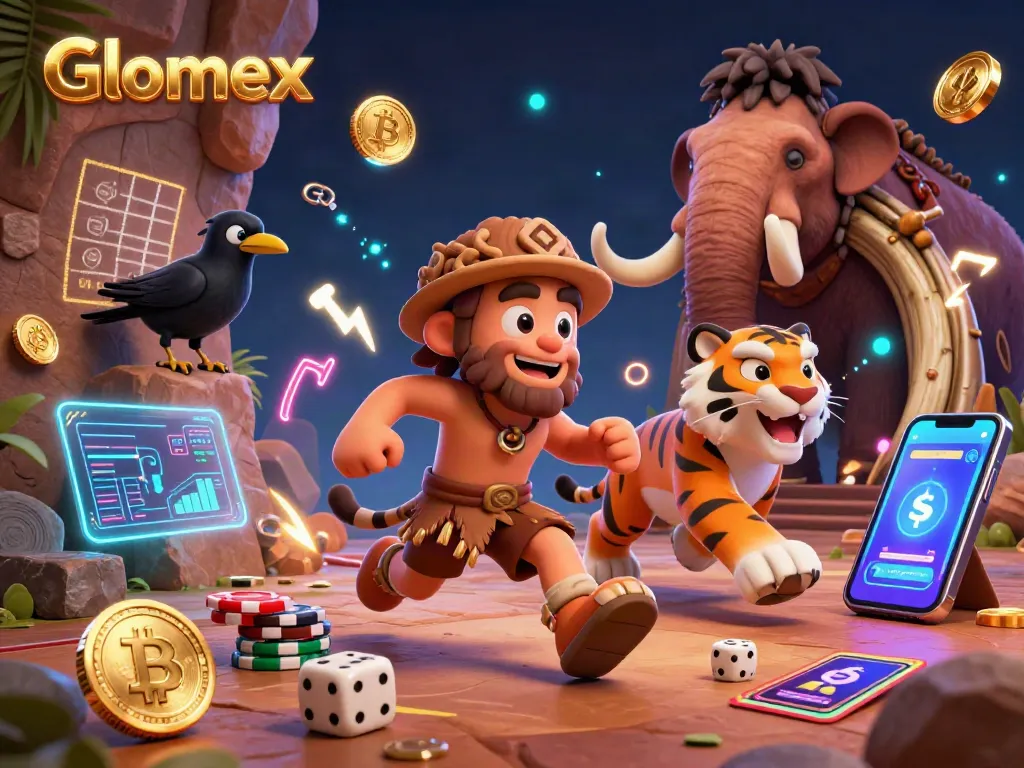 Glomex casino scene features a caveman, sabertooth tiger, and crow betting with stones.