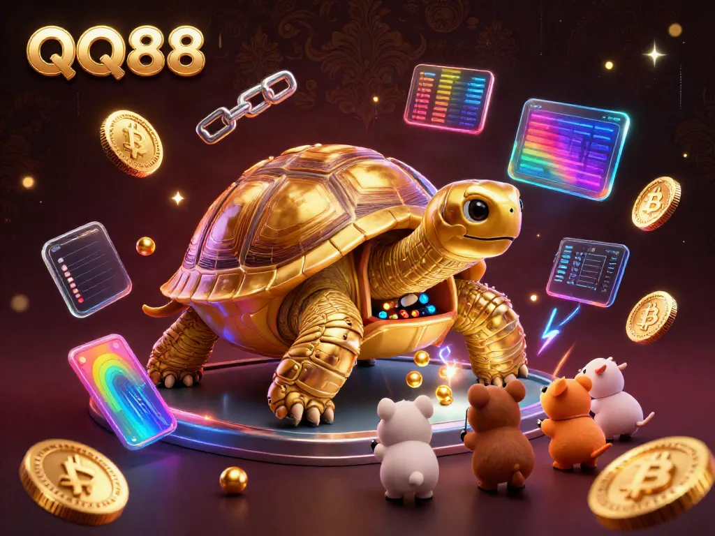 Engage with QQ88's thrilling gaming experience featuring a golden tortoise pinball machine surrounded by cryptocurrencies and eager players.