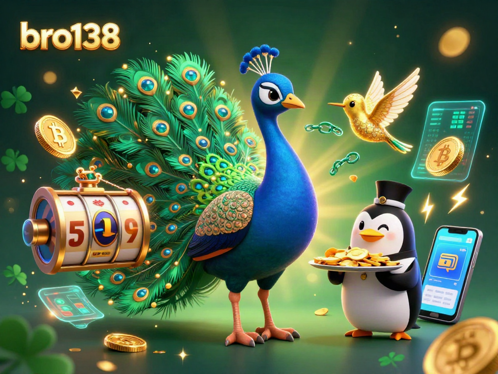 Win big with bro138 in this 3D casino scene featuring a majestic peacock and vibrant gaming elements.
