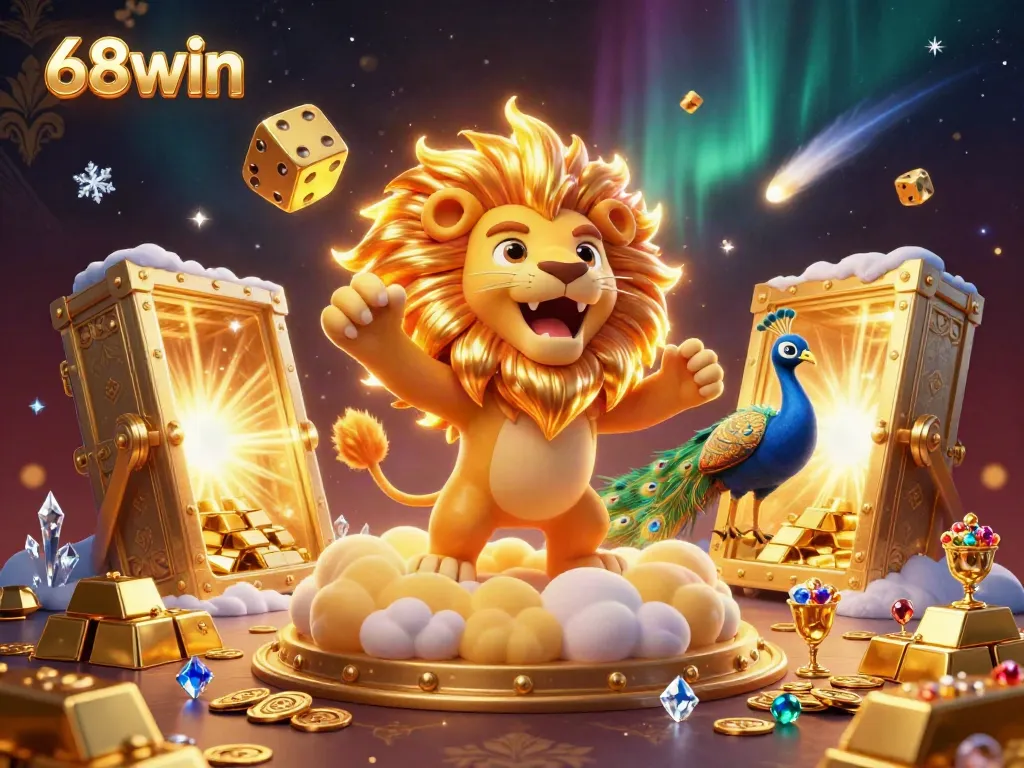 Experience thrilling gameplay with 68win's dynamic casino world featuring a roaring lion amidst treasures.