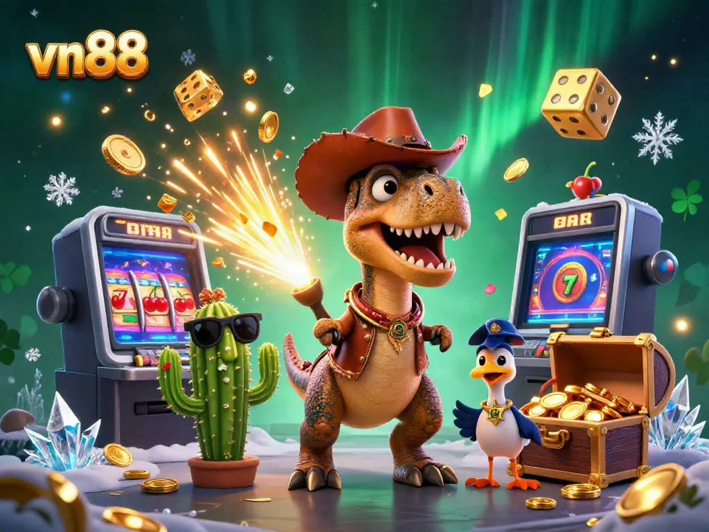 Join the excitement at vn88 with a colorful illustration of casino fun, featuring a T-Rex and friends.