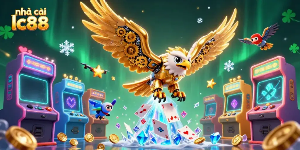 Capture the excitement of nhà cái lc88 with a golden eagle soaring through holographic playing cards in a vibrant casino scene.