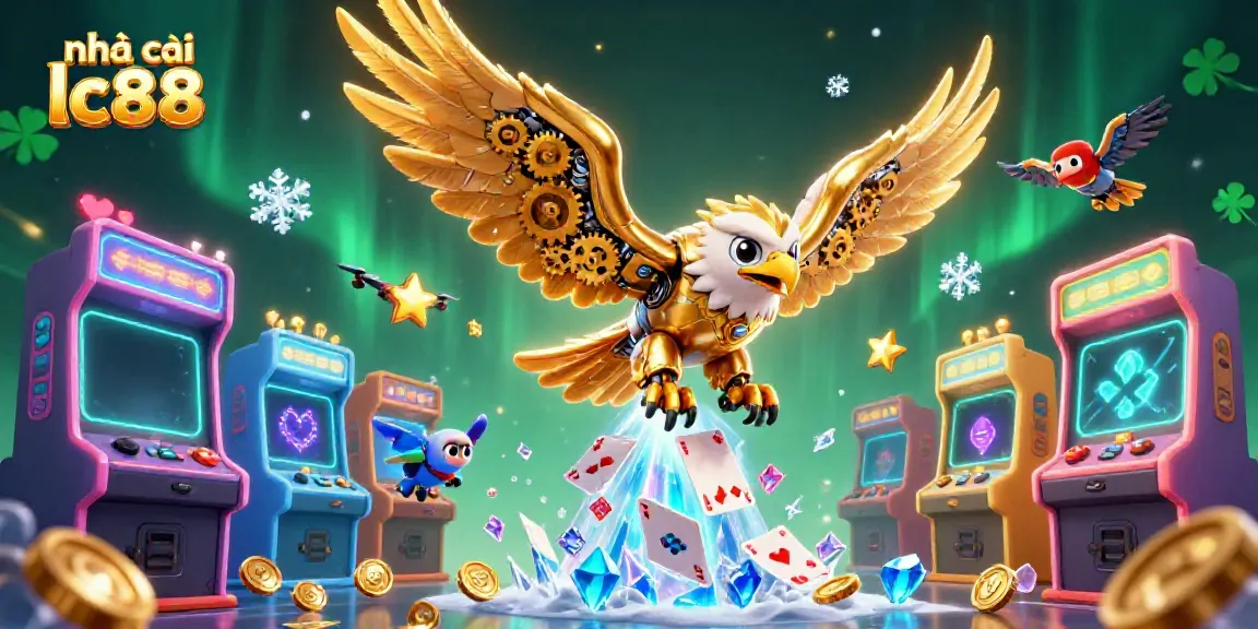 Capture the excitement of nhà cái lc88 with a golden eagle soaring through holographic playing cards in a vibrant casino scene.