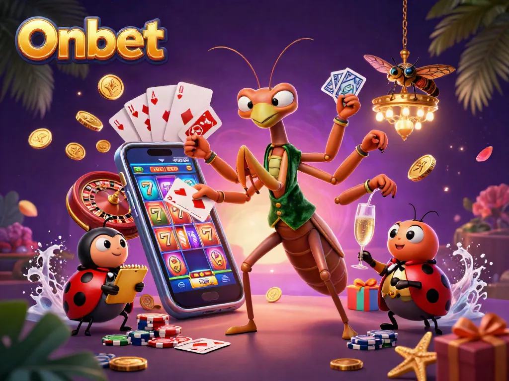 Engage with thrilling Onbet slot games featuring a vibrant scene with dynamic characters and casino elements.