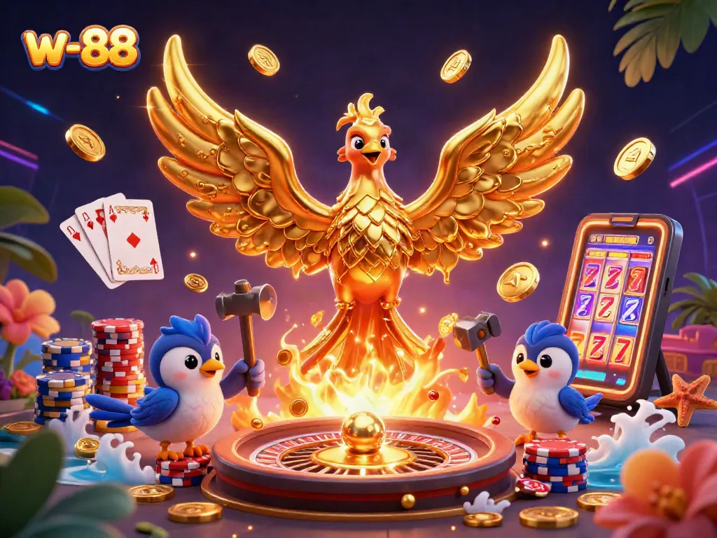 Experience excitement with w-88 as golden coins cascade from a molten phoenix in a vibrant cartoon casino