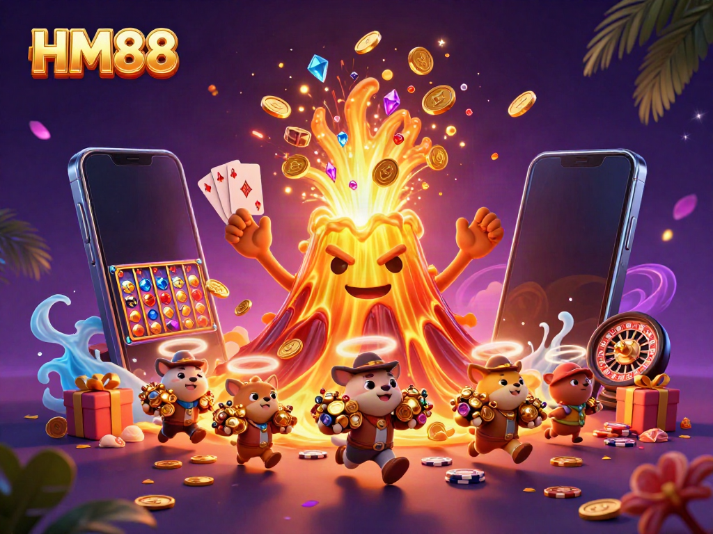 Experience thrilling casino adventures with HM88, showcasing a vibrant volcanic eruption of treasure.