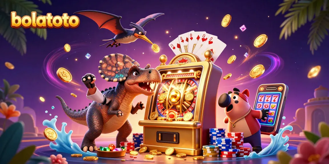 bolatoto jackpot celebration with cartoon dinosaurs and coins flying in a vibrant casino scene