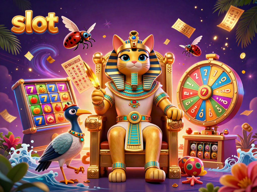 Engaging 3D illustration of a slot-themed Egyptian cat character surrounded by slot reels and jackpot elements.