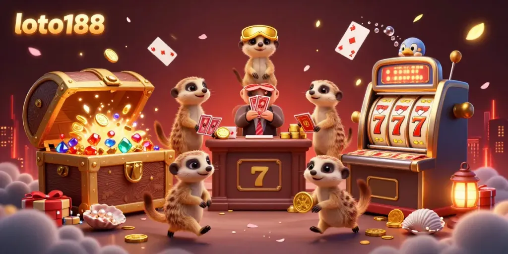 Engage with loto188 through a vibrant casino scene showcasing meerkats in action with gold coins and slot machines.