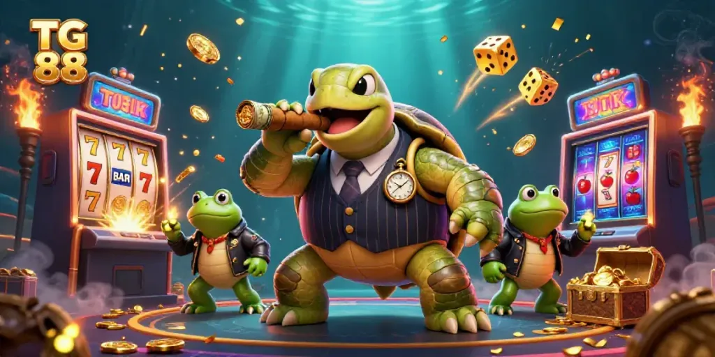 Engage in TG 88 casino vibes with vibrant characters and winning symbols bursting from a slot machine.
