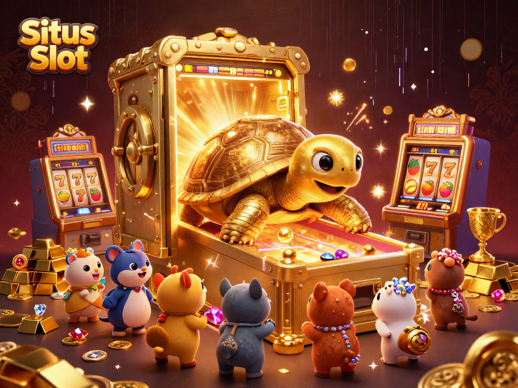 Situs Slot illustration featuring a colossal tortoise pinball machine surrounded by gold treasures and excited animals.