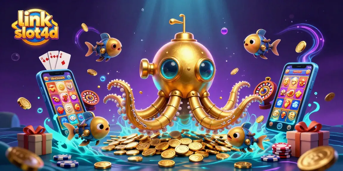 Permainan slot yang menarik dengan link slot4d, kapal kraken 3D dan ikan mekanis di lautan koin emas.