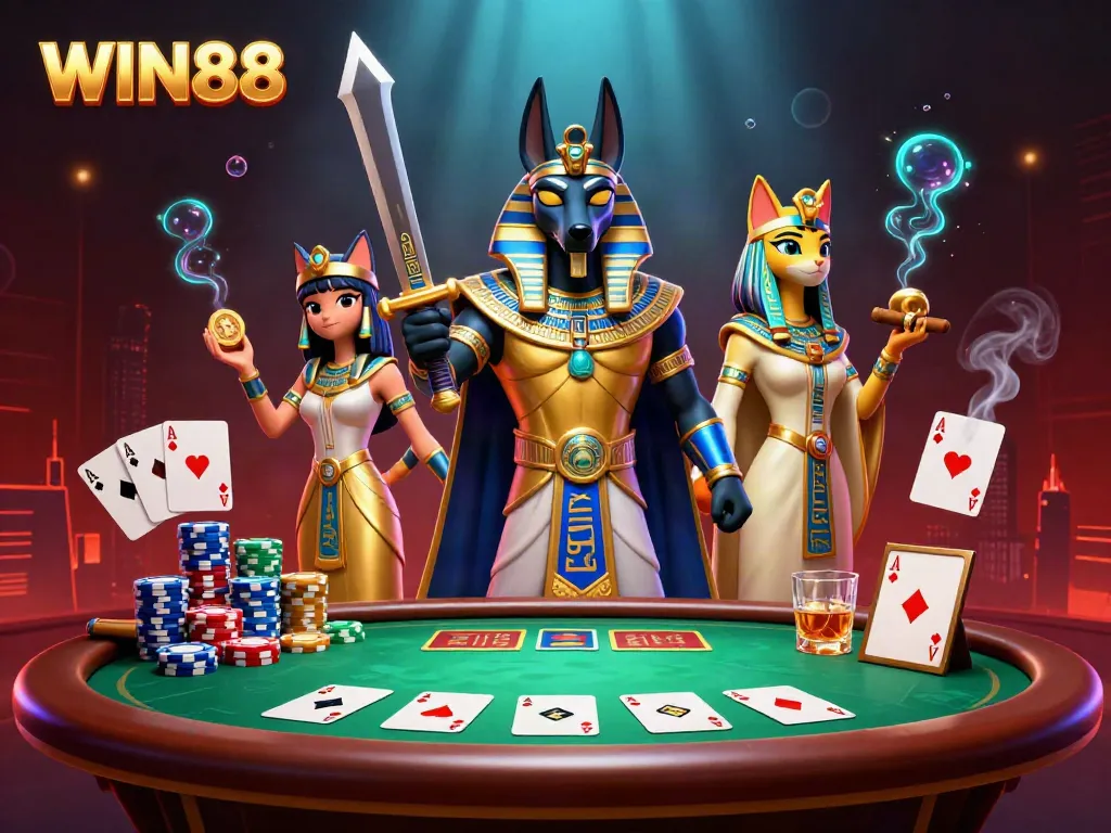 Experience epic gameplay at WIN88 with Anubis and Bastet amid vibrant casino elements.
