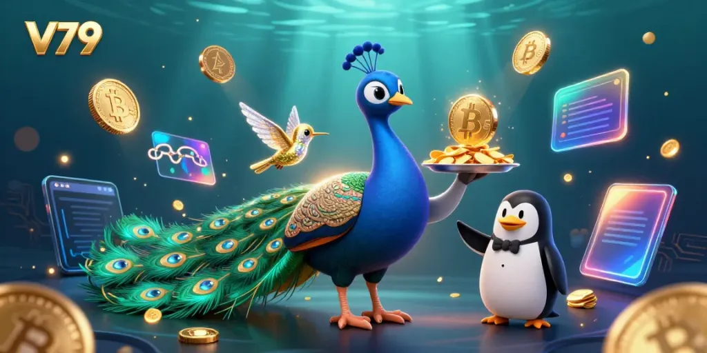 Win big with V79: Captivating casino illustration showcasing vibrant characters and crypto elements.