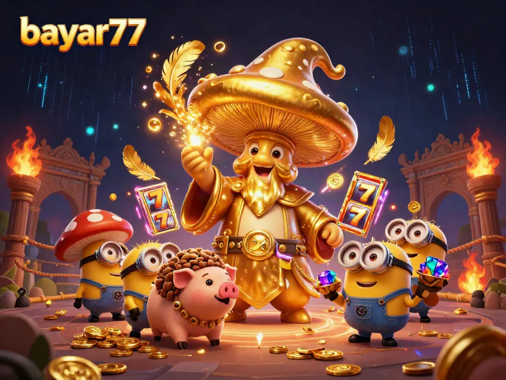 Experience seamless gaming with bayar77, featuring vibrant 3D characters and dynamic casino elements.