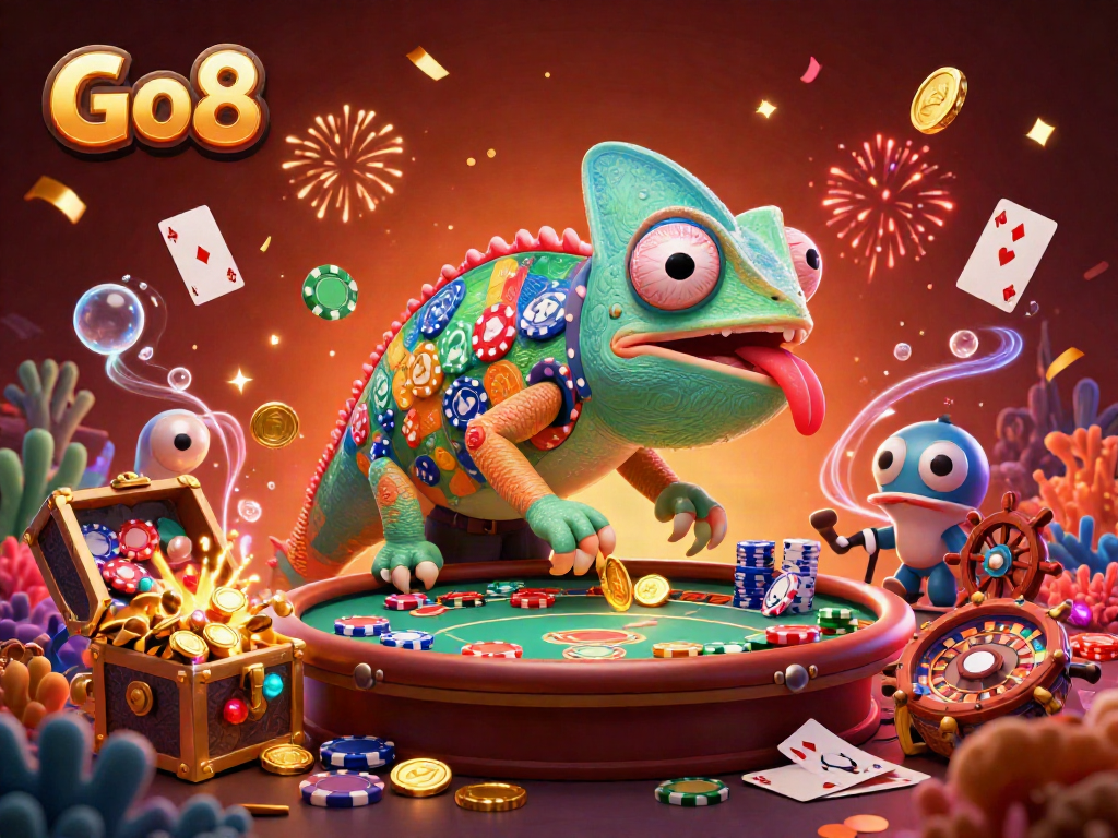 Go8 chameleon casino owner grabs golden coins with vibrant gaming elements in a dynamic illustration.