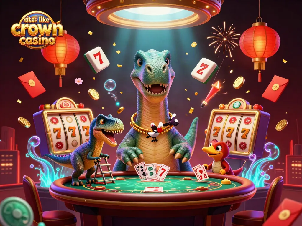 Experience excitement at sites like crown coins casino with a playful dinosaur dealing cards in a vibrant casino.