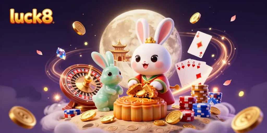 Experience fun and fortune with luck8 as cartoon rabbits unveil poker chips on the moon.