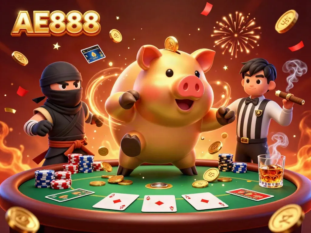Experience the excitement of AE888 with a golden piggy bank sumo wrestler and dynamic casino elements.