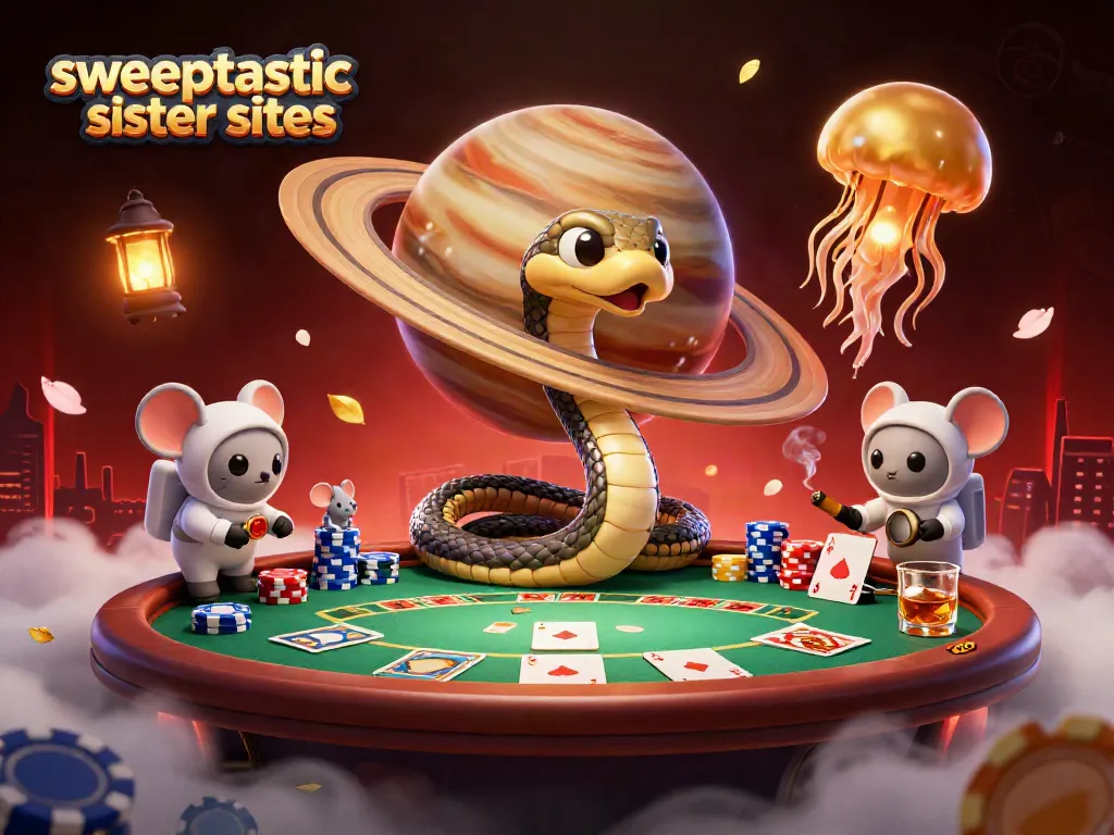 Engage with sweeptastic sister sites as characters bet on a cosmic roulette scene.