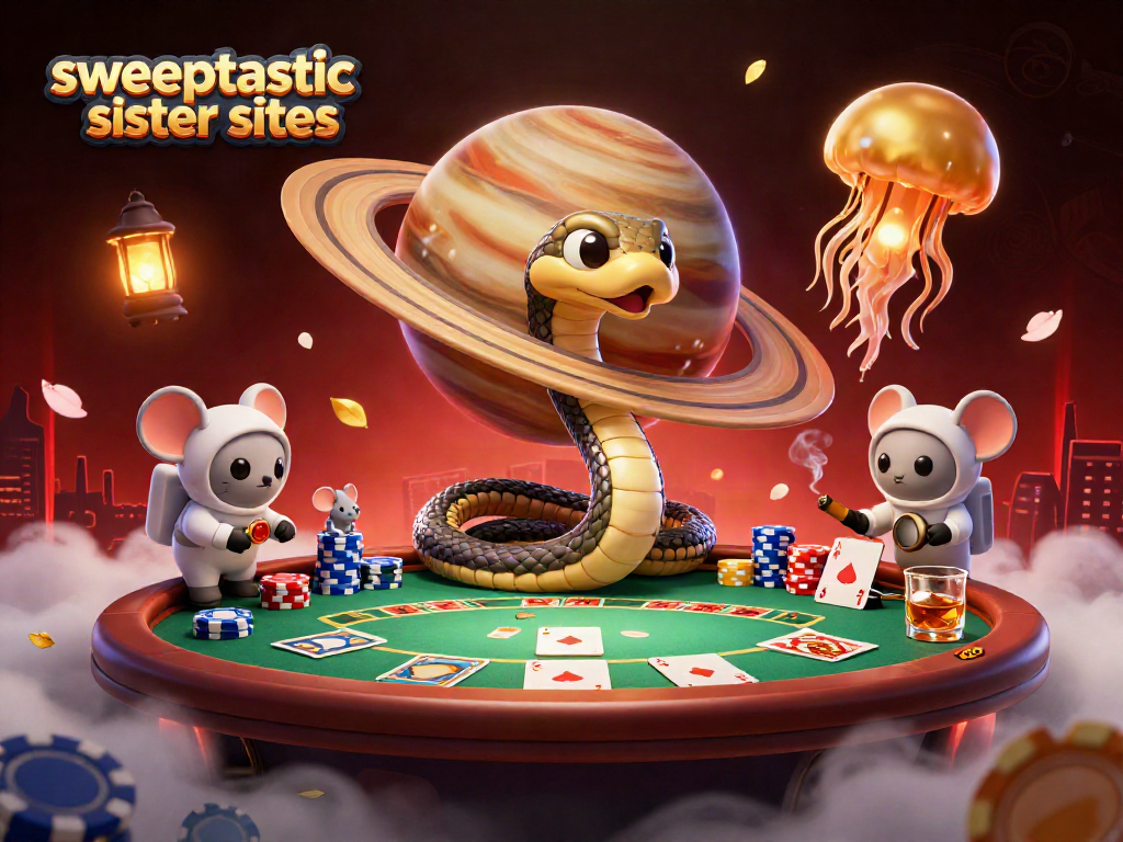 Engage with sweeptastic sister sites as characters bet on a cosmic roulette scene.