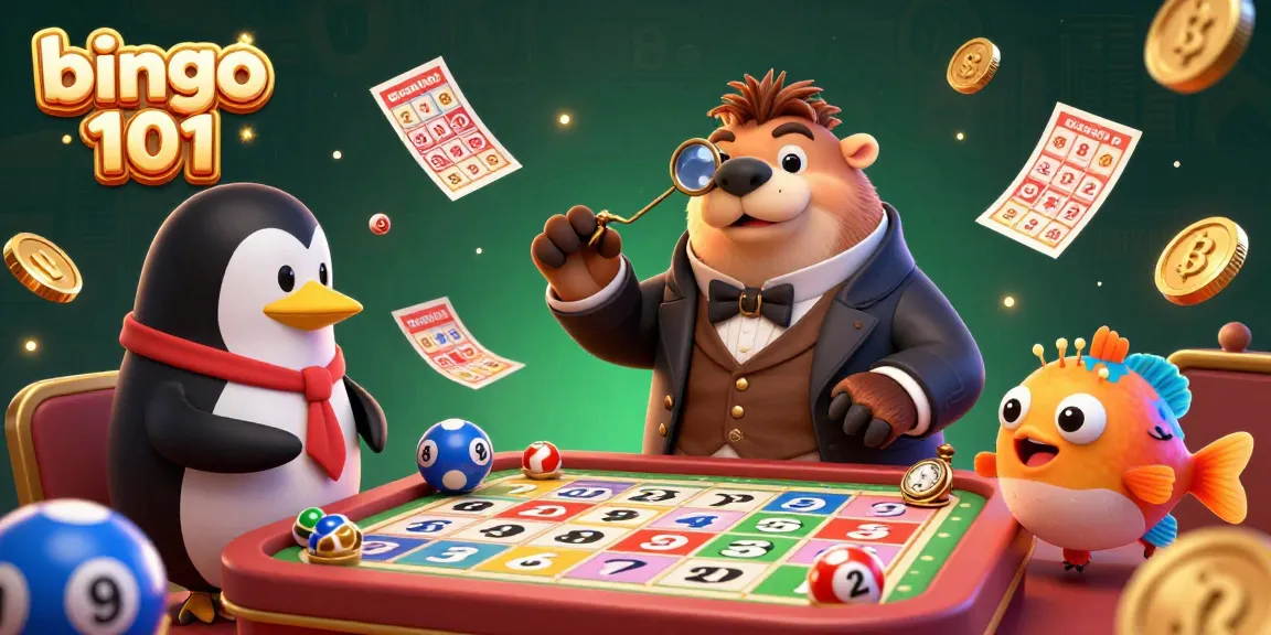 Bermain bingo 101 dengan karakter penguin dan walrus yang menghibur, dikelilingi bola bingo dan koin emas.