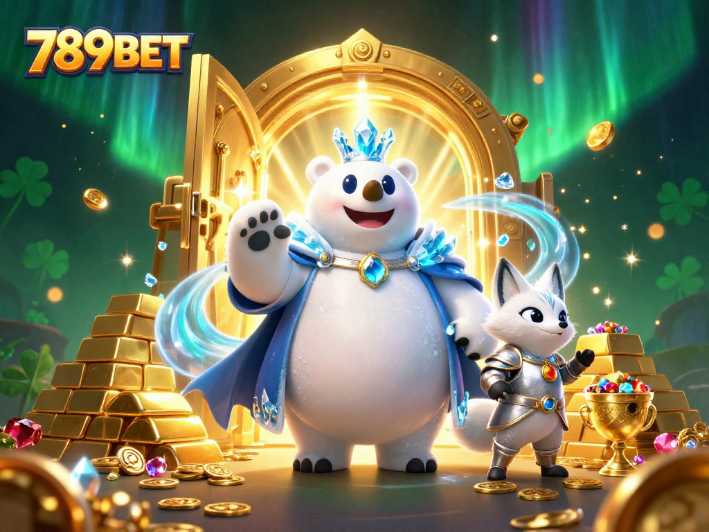 Experience the thrilling world of 789BET with an exciting illustration of a polar bear king and treasures.