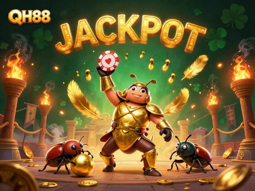 Experience QH88’s vibrant gambling atmosphere with a heroic beetle championing a jackpot.