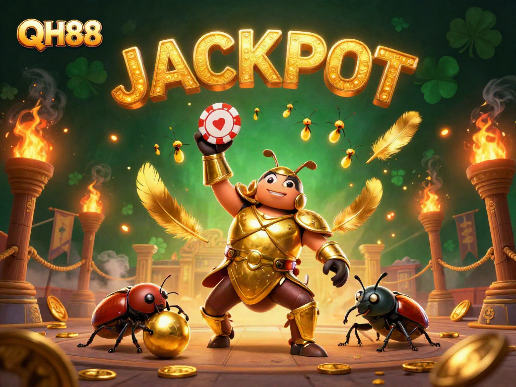 Experience QH88’s vibrant gambling atmosphere with a heroic beetle championing a jackpot.