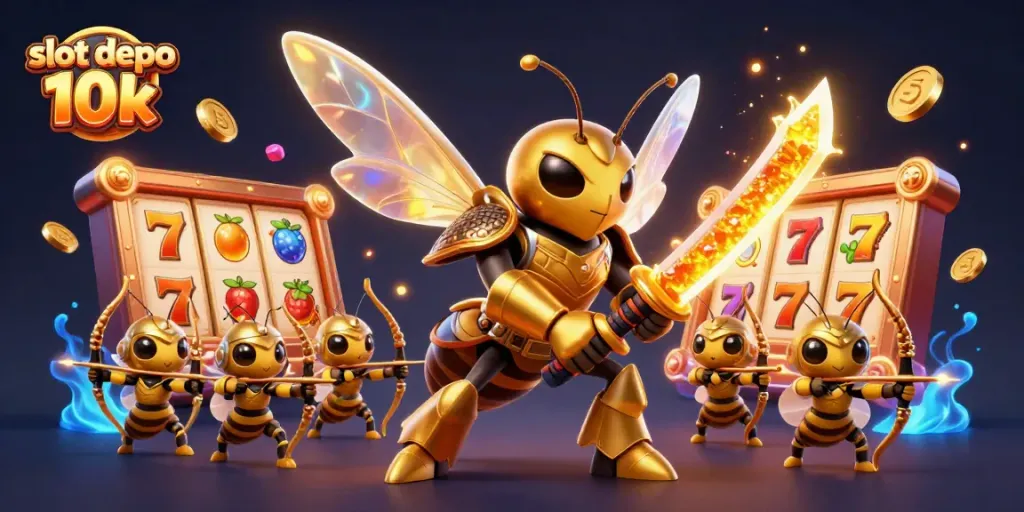 Engaging illustration of slot depo 10k featuring a golden hornet and bee archers amidst vibrant slot elements.