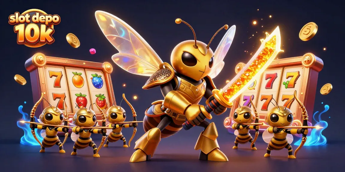 Engaging illustration of slot depo 10k featuring a golden hornet and bee archers amidst vibrant slot elements.