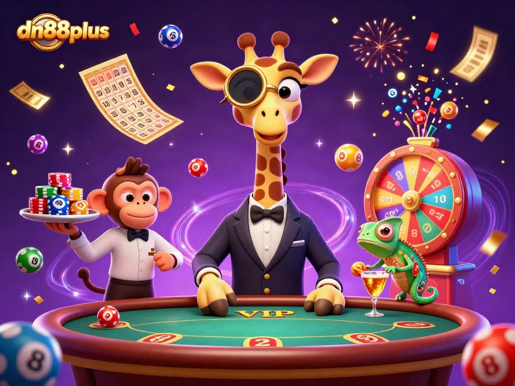 Experience thrilling gameplay at dn88plus with dynamic lottery balls and vibrant casino characters.
